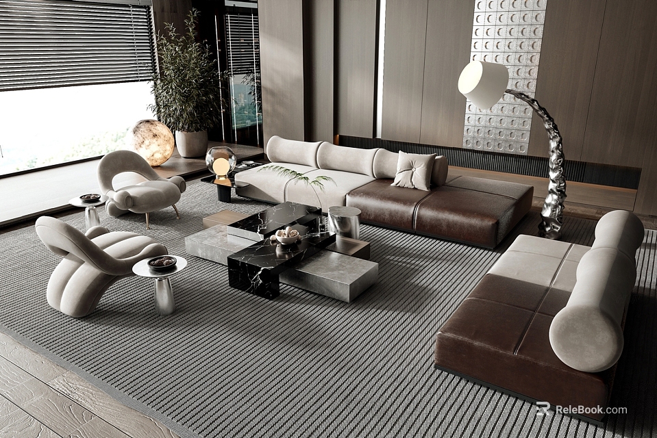 Modern Living Room White Brown Sectional Sofa Black Gray Coffee Table Gray Textured Rug 3d model 