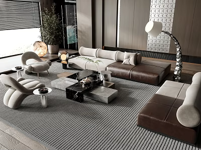 Modern Living Room White Brown Sectional Sofa Black Gray Coffee Table Gray Textured Rug 3d model