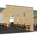 Modern Restaurant Interior With Wooden Ceiling Dividers Dining Tables And Lighting