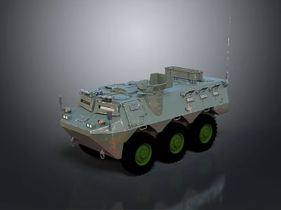 Armored Wheeled Military Tank With Camouflage Coating Green Wheels Turret And Antenna 3d model