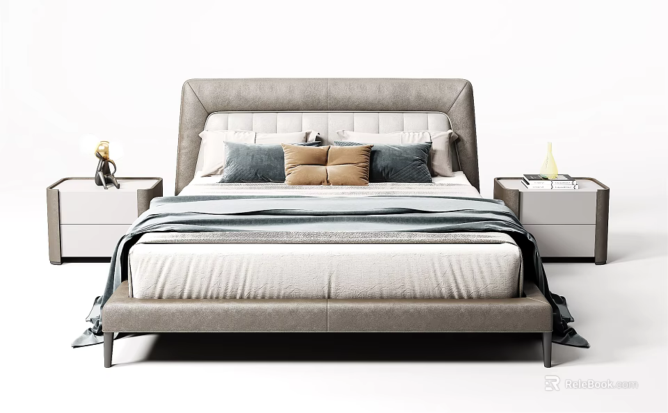 Modern Gray Double Bed With Upholstered Headboard Striped Bedding Pillows And Nightstands 3d model 