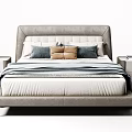 Modern Gray Double Bed With Upholstered Headboard Striped Bedding Pillows And Nightstands 3d model