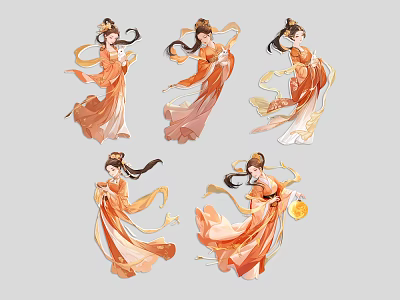 Five Women Wearing Orange Ancient Style Dresses With Flowing Long Hair And Various Poses 3d model