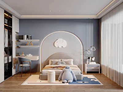 Kids Room Interior Design With Elephant Decor Plush Toy Bed And Desk 3d model