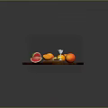 Fresh Plant Fruits on Wooden Cutting Board with Watermelon Oranges Lemon Slices and Knife