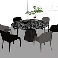 Modern Round Dining Table Set With Black White Patterned Top And Six Chairs 3d model
