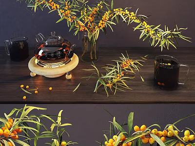 Decorative Ornament Set With Sea Buckthorn Branches Teapot Mug And Wooden Tabletop 3d model