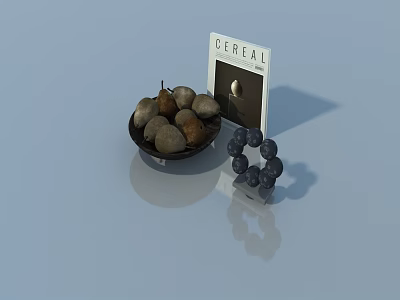 Stylish Pet Cabinet Display with Fruit Bowl Cereal Magazine and Black Beads 3d model