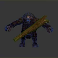 Furry Brown Creature Holding Large Wooden Log Standing On Gray Background