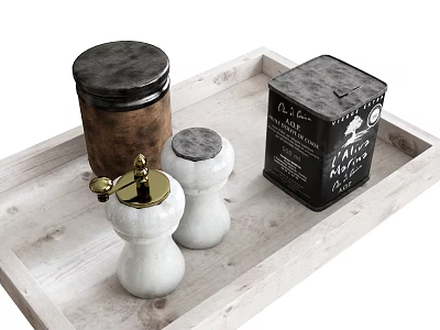 Wooden Tray Tableware Set With White Pepper Mills Black Salt Canisters And Gold Accents 3d model