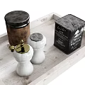 Wooden Tray Tableware Set With White Pepper Mills Black Salt Canisters And Gold Accents