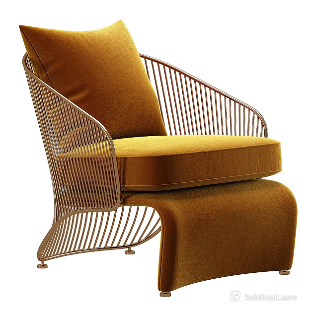 Leisure Chair With Slim Metal Frame Warm Brown Velvet Upholstery And Matching Ottoman 3d model 