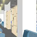 Modern Open Public Office Space With Blue Sofas Bookshelves And Workstations 3d model