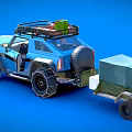Blue Modified Off Road Car With Roof Rack Luggage And Canvas Covered Trailer