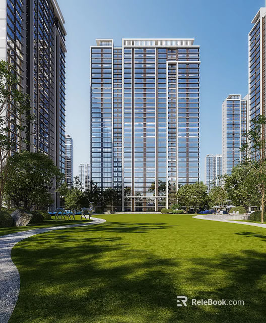 Modern High Rise Residential Building Featuring Glass Curtain Walls Green Lawn And Trees 3d model 