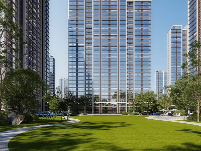 Modern High Rise Residential Building Featuring Glass Curtain Walls Green Lawn And Trees 3d model