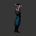 Man In Martial Arts Costume With Wide Brimmed Hat Red Symbol And Blue Pants