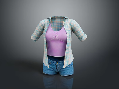 Plaid Shirt Over Purple Tank Top With Blue Denim Shorts Casual Outfit 3d model