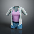 Plaid Shirt Over Purple Tank Top With Blue Denim Shorts Casual Outfit