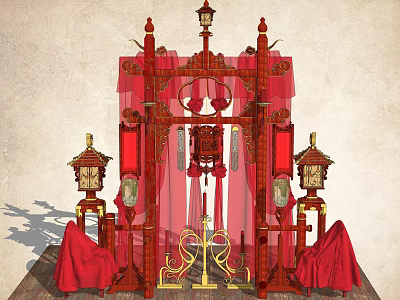 Traditional Chinese Wedding Scene With Palace Sedan Chair Red Decorations And Lanterns 3d model