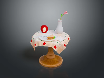 Wooden Dining Chair With Round Table Star Patterned Tablecloth White Vase And Hamburger 3d model