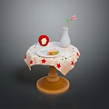 Wooden Dining Chair With Round Table Star Patterned Tablecloth White Vase And Hamburger