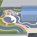 Vibrant Garden Landscape With Blue Water Curved Paths Rainbow Colors Green Lawns And Whale Feature