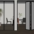 Open Glass Doors In Modern Interior With Dining Table Chairs And Plants