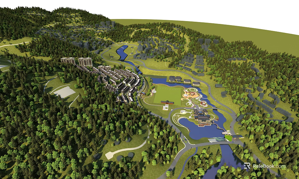 Aerial View Planning of Scenic Landscape with Forests Rivers and Residential Areas 3d model 