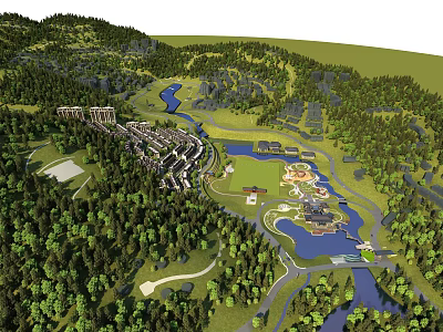 Aerial View Planning of Scenic Landscape with Forests Rivers and Residential Areas 3d model