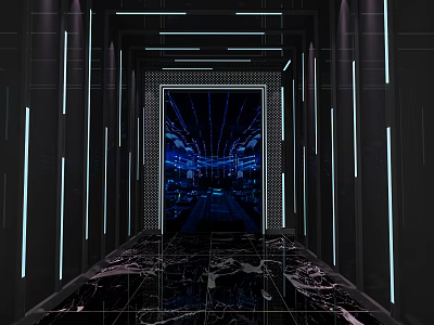 Modern Tech Style Bar Corridor With Blue Lighting Black Marble Floor And Illuminated Lines 3d model