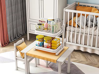 White Baby Crib In Cozy Nursery Room With Three Tier Storage Cart And Baby Supplies 3d model