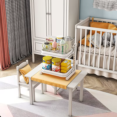 White Baby Crib In Cozy Nursery Room With Three Tier Storage Cart And Baby Supplies 3d model