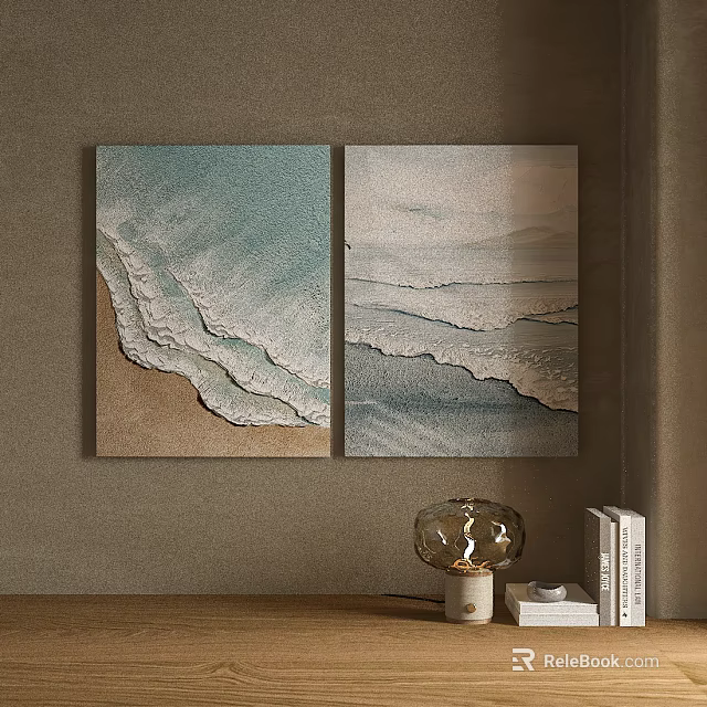 Blue Green Beach Wave Decorative Paintings With Glass Lamp And Books 3d model 