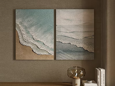 Blue Green Beach Wave Decorative Paintings With Glass Lamp And Books 3d model
