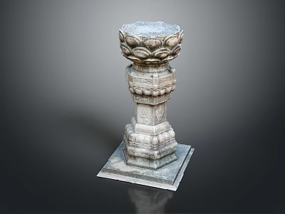Intricately Carved Stone Pillar With Lotus Shaped Top And Square Base 3d model