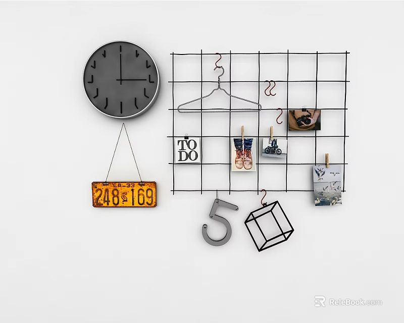 Stylish Wall Clock with Grid Rack Hooks To Do List and Number 5 Decorations 3d model