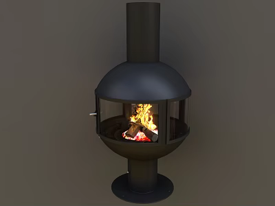 Modern Black Round Stove Design With Glass Window And Burning Fire 3d model