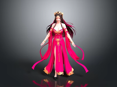 Woman In Red Long Dress With Golden Decorations Long Hair Headpiece And Flowing Ribbons 3d model