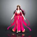 Woman In Red Long Dress With Golden Decorations Long Hair Headpiece And Flowing Ribbons