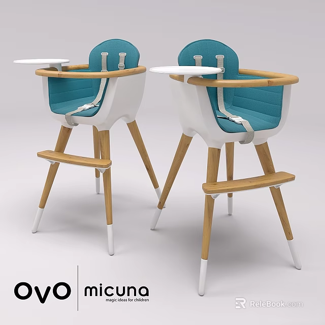 Modern Baby High Chair With Blue Cushion Wooden Legs Tray And Safety Belt 3d model 