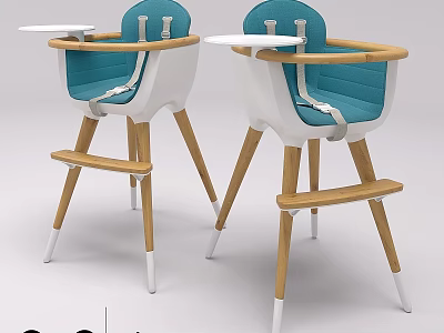 Modern Baby High Chair With Blue Cushion Wooden Legs Tray And Safety Belt 3d model