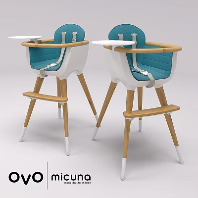 Modern Baby High Chair With Blue Cushion Wooden Legs Tray And Safety Belt 3d model
