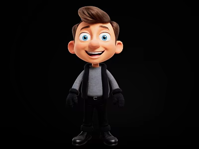 Cartoon Boy Doll With Brown Hair Big Blue Eyes Smiling Face Gray Vest Black Pants 3d model