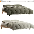 Minimalist Double Bed with Wooden Frame Light Green Linen Bedding and Pillows