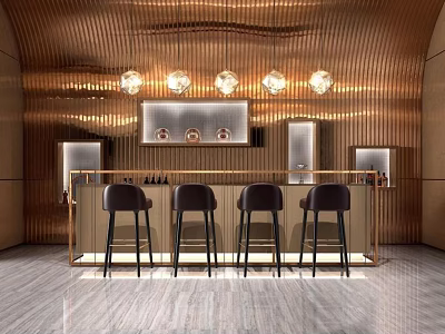 Luxurious Modern Bar Counter With Black Bar Stools And Gold Striped Backdrop 3d model