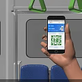 Mobile Phone Used To Scan QR Code In Subway With Blue Seats And Green Handrails