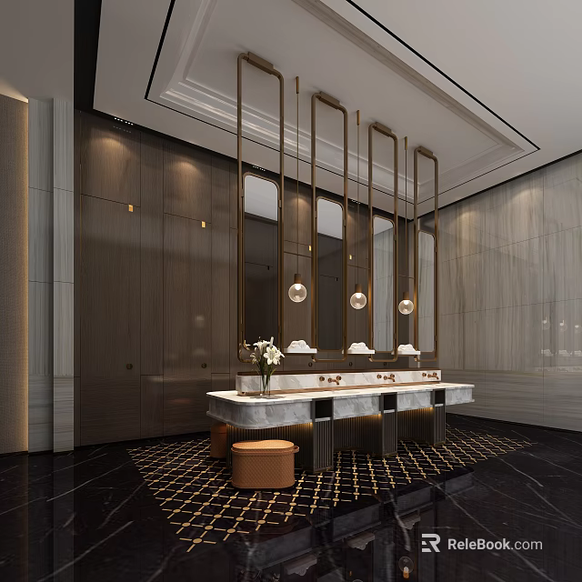 Modern Luxury Public Restroom Design With Elegant Mirrors Washbasin Vanity And Pendant Lighting 3d model 