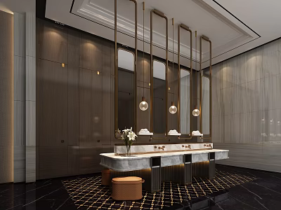 Modern Luxury Public Restroom Design With Elegant Mirrors Washbasin Vanity And Pendant Lighting 3d model
