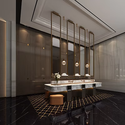 Modern Luxury Public Restroom Design With Elegant Mirrors Washbasin Vanity And Pendant Lighting 3d model